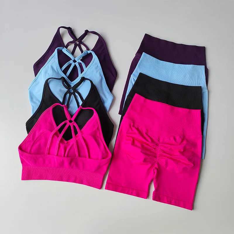 2-piece womens high waisted yoga set sportswear sports bra short sleeved set summerW250411