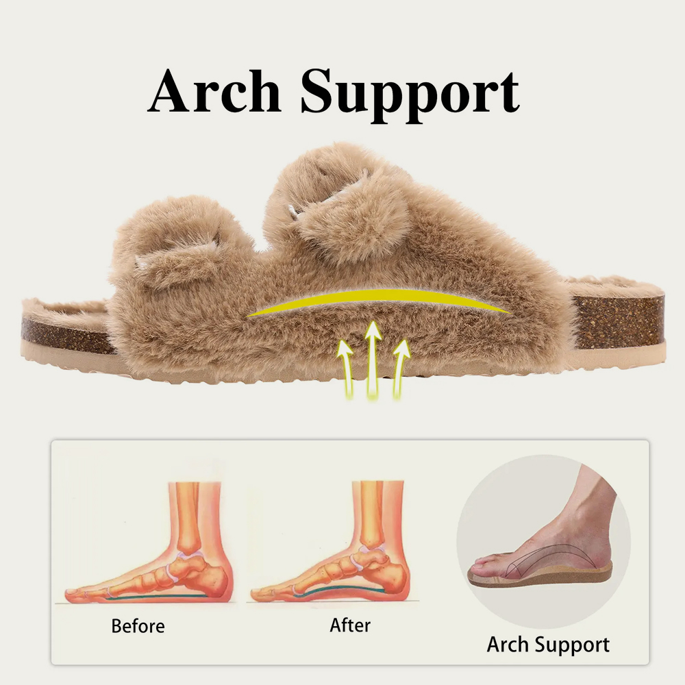 Comwarm Women's Fur Clogs Fuzzy Cork Footbed Mules Men Fashion Suede Flats Slippers Slip On Winter Potato Shoes
