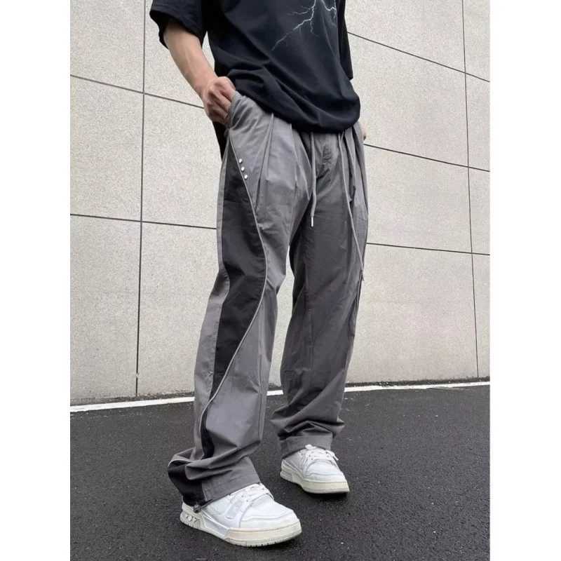 Men's Pants American Style Vintage Color Blocking Nylon Cargo Pants High Strt Fog Wind Loose Fit Straight Leg Sport Strt Dance Trousers Y240830T5