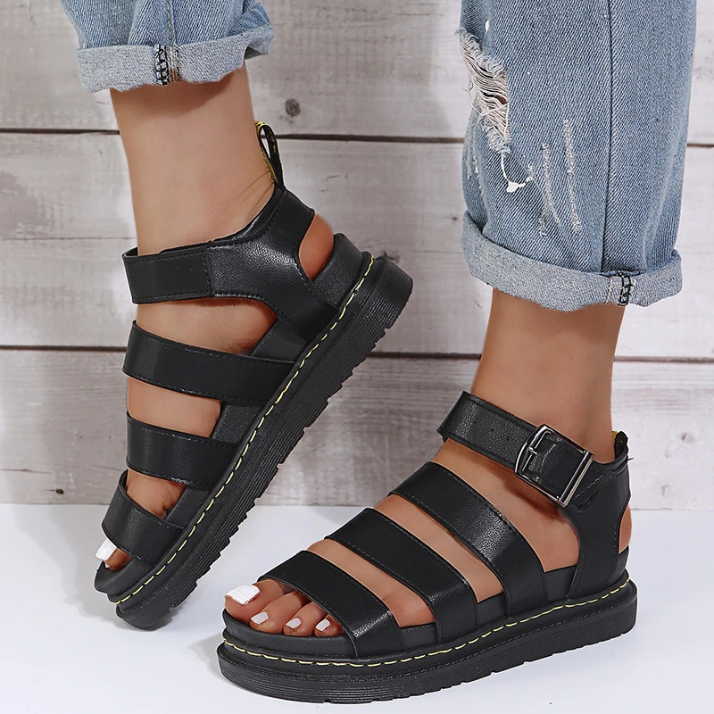 2024 Woman Flats Platform Summer Martens Shoes Soft Leather Casual Open Toe Thick Bottom Wedges Women Sandals