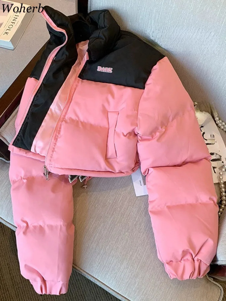 Fashion Casual Stand Neck Thicken Warm Women Parkas Winter Patchwork Vintage Jackets Y2K Letter Zippers Loose Short Coats 240830