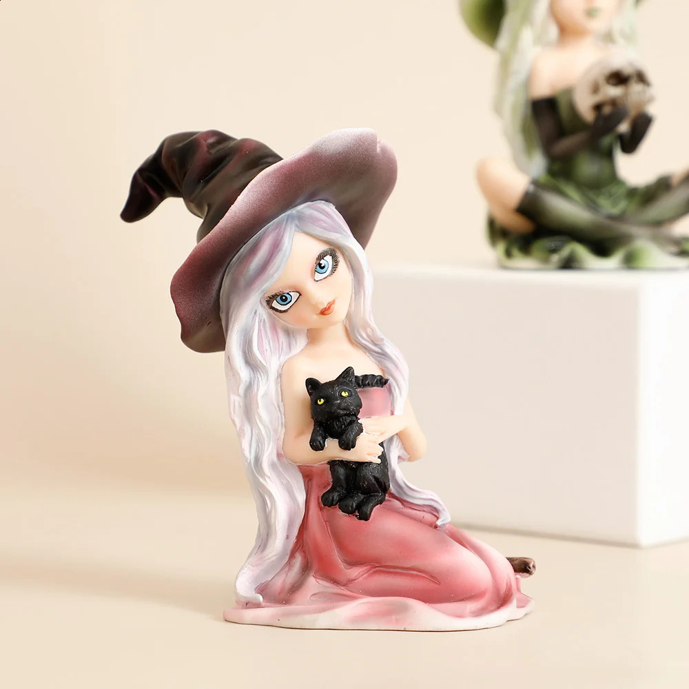 Witch Figurine with owl Halloween Decor Cat Witch Statue Black Cat Statue Witch home Decoration Sculpture Fairy Figure Gift 240830