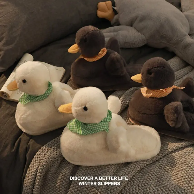 Duck Plush Cotton Slippers Women Cute Winter Cartoon Home Non-slip Floor Fur Slippers Home Confinement Shoes Chaussure Femme