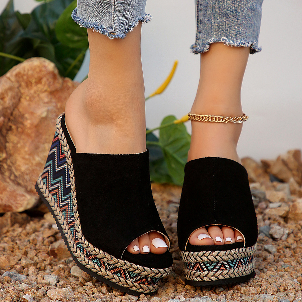 Summer Large Size Women's Sandals House Slippers Wedge Platform Slides Fashion Peep Toe Women Heels Luxury Rome PU Cotton Fabric