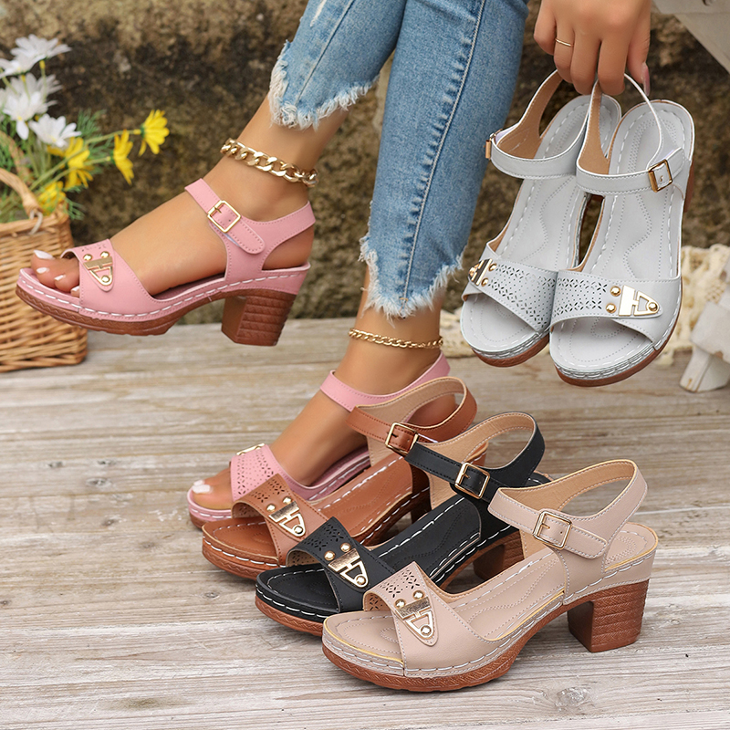 2025 new New Summer Metal Rivet Womens Chunky Sandals Buckle Hook Loop Strap Platform atos Pu Leather Non Slip Sandles Woman e6b2