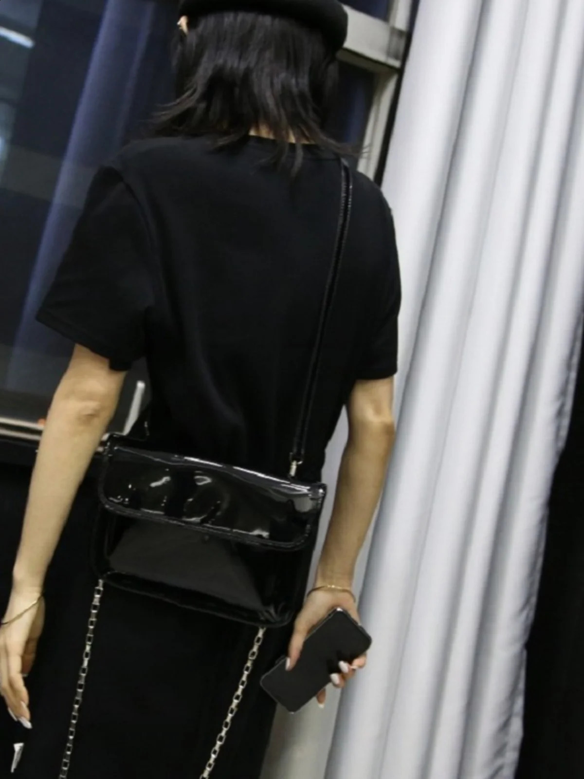 Classic Patent Leather Black Bag For Women 2024 Versatile Fashion Simple Double Shoulder Strap Chain Small Square Bag 240830