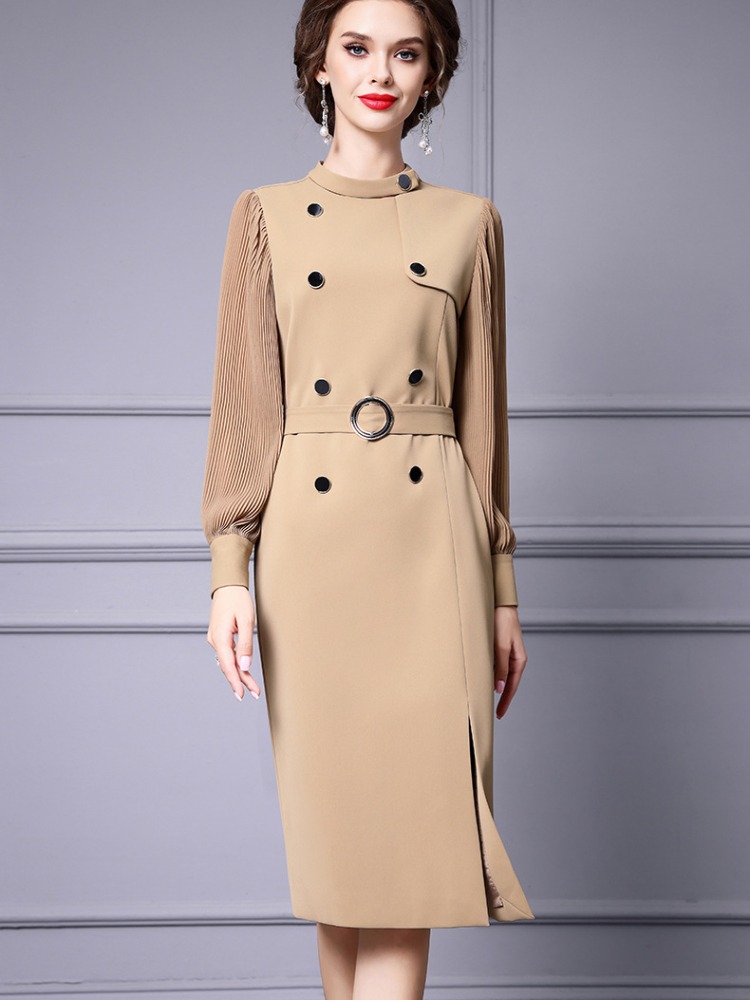 OC 413N57 Basic Casual Dresses Autumn and Winter Pleated Long Sleeved Womens Dress Shirt Commuting Skirt Customization Medium Length