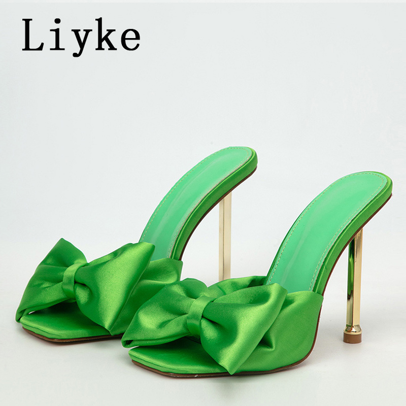 Liyke Fashion Yellow Green Silk Butterfly-Knot Women Slippers Mule High Heels Gladiator Sandals Flip Flop Square Toe Party Shoes
