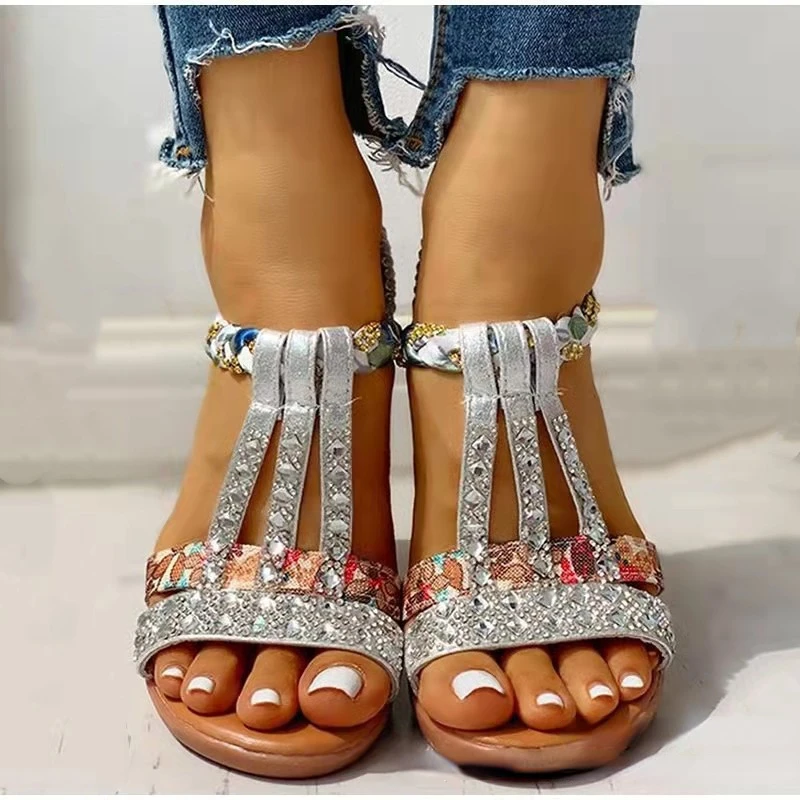 Women Wedge Sandals Summer Bohemia Casual High Heels Sandals Fashion Female Peep Toe Rhinestones Outdoor Beach Shoes