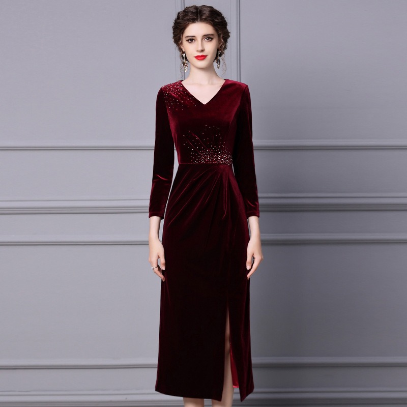 OC-Jackie 409M95 Basic Casual Dresses Autumn and Winter Women's Dress Handmade Nail Beads Long Hip Hugging Skirt Sleeved Evening Gown