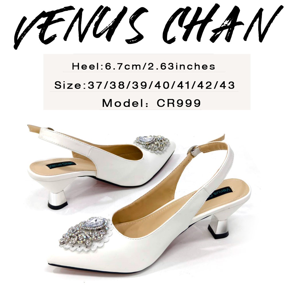 Venus Chan 2024 Latest Wedding Pointed Toe Women's Shoes High Heel White Color Rhinestones Party Ladies Shoes And Bag Set