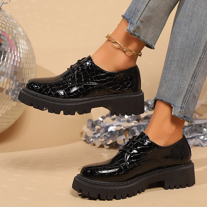Women's Solid Color Chunky Platform Oxfords Fashion Lace Up Patent Leather Shoes Woman Round Toe Preppy Dressy Shoes Plus Size