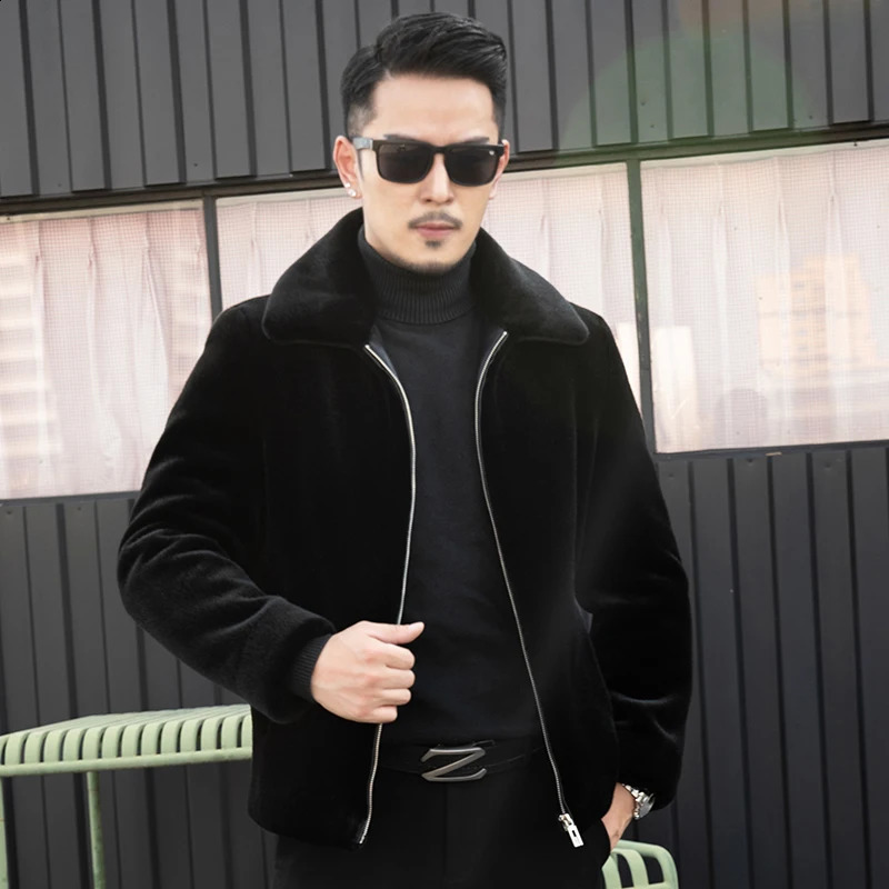 YN-217 autumn and winter natural mink wool thick coat mens high-end leather coat fashionable casual polo neck jacket 240830