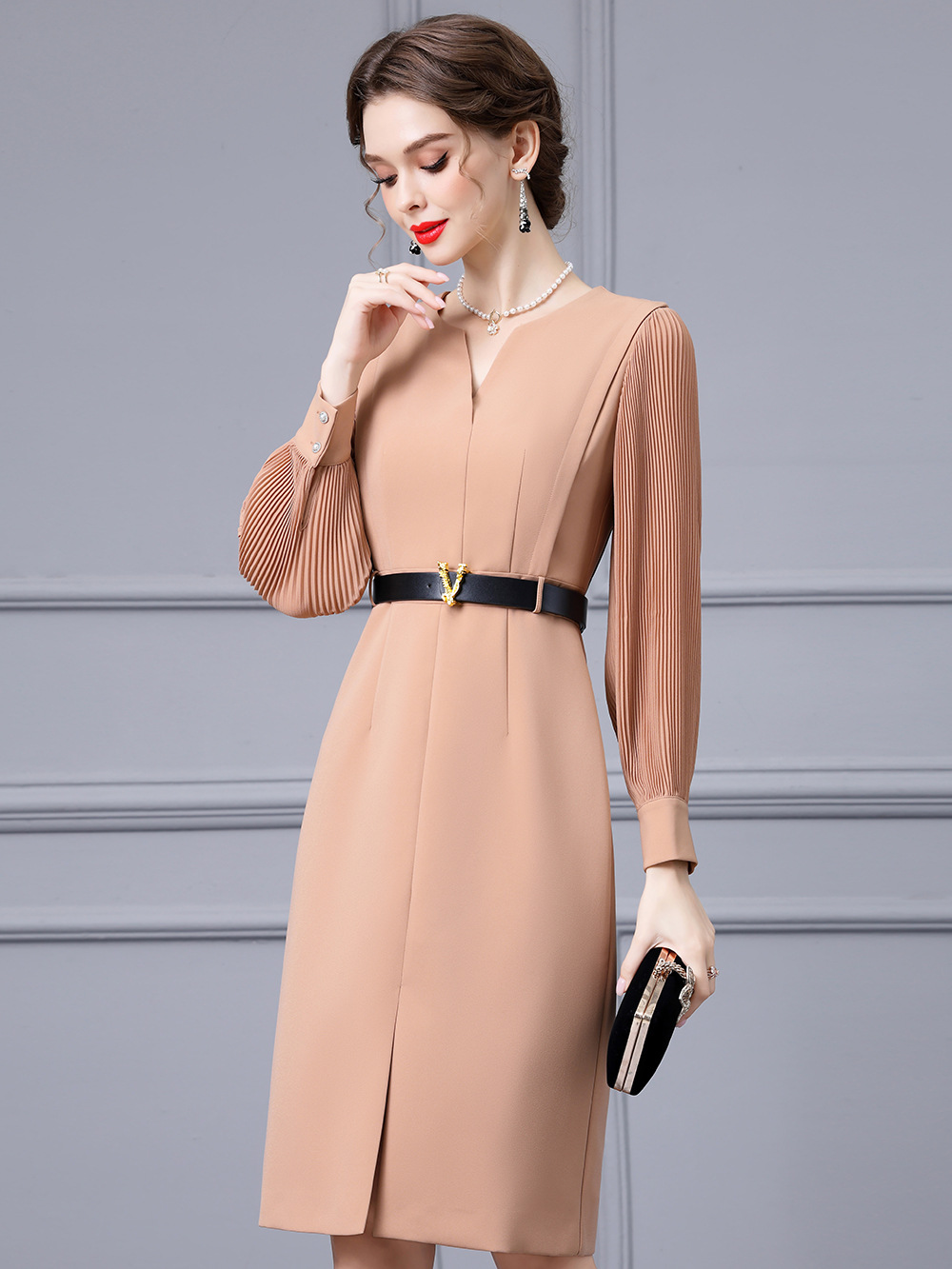 OC SB413N57 Basic Casual Dresses Autumn and Winter Pleated Long Sleeved Womens Dress Shirt Commuting Skirt Customization Medium Length