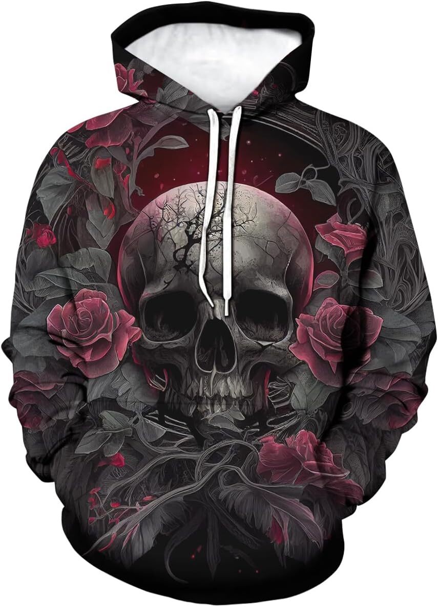 Halloween Hoodie for Mens Womens Rose Skull Printed Hoodie For Men Novelty Graphic Hoodies Fashion Pullover With Pocket Graphic Pullover Long Sleeve