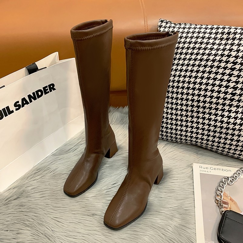 Square Toe Knee High Ladies 2023 New Women Long Boots Classic Thick Heels Female Pump Zip Autumn Winter Solid Knight Shoes