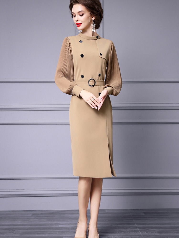 OC 413N57 Basic Casual Dresses Autumn and Winter Pleated Long Sleeved Womens Dress Shirt Commuting Skirt Customization Medium Length