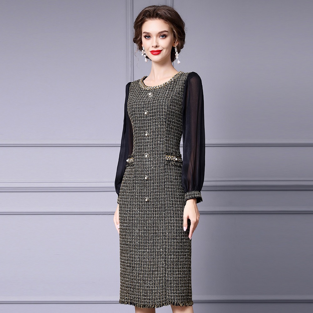 OC 409M90 Basic Casual Dresses Autumn and Winter Coarse Floral Woolen Commuting Skirt Customization Top Women's Dress Handmade Nail Drill