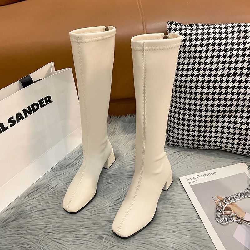 Square Toe Knee High Ladies 2023 New Women Long Boots Classic Thick Heels Female Pump Zip Autumn Winter Solid Knight Shoes