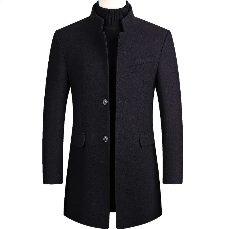 Winter wool blend coat mens solid color stand collar thick business casual mens trench coat single chest wool blend 240912 - view 4
