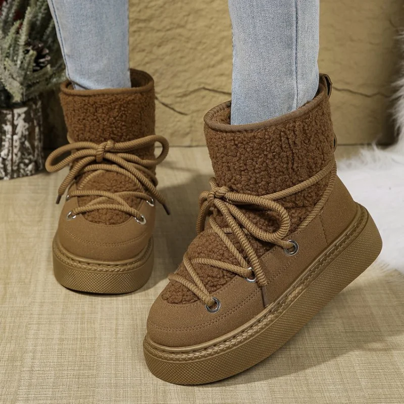 Cold-proof and Warm Winter Ladies Shoes 2024 New Lace Up Design Women’s Platform Boots Waterproof Anti-slip Fashion Short Boots