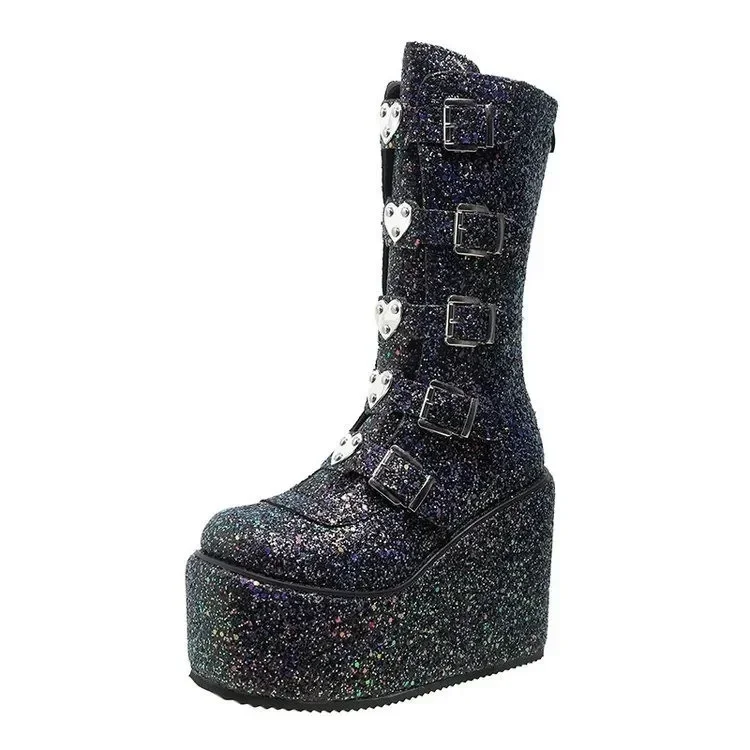 Sequin Punk Boots Ladies Cosplay Comfort Long Tube Pink Platform High Wedges Gothic atos De Mujer Socofy Chaussures Femmes f378