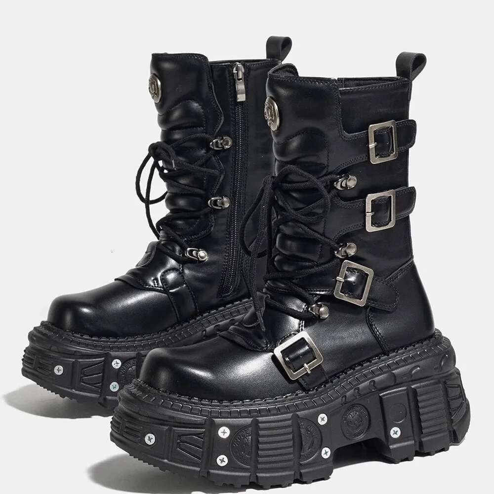 2024 New Punk Style Women Lace-Up Platform Shoes Woman Rock Boots Metal Decor Thick Bottom Street Shot Knight