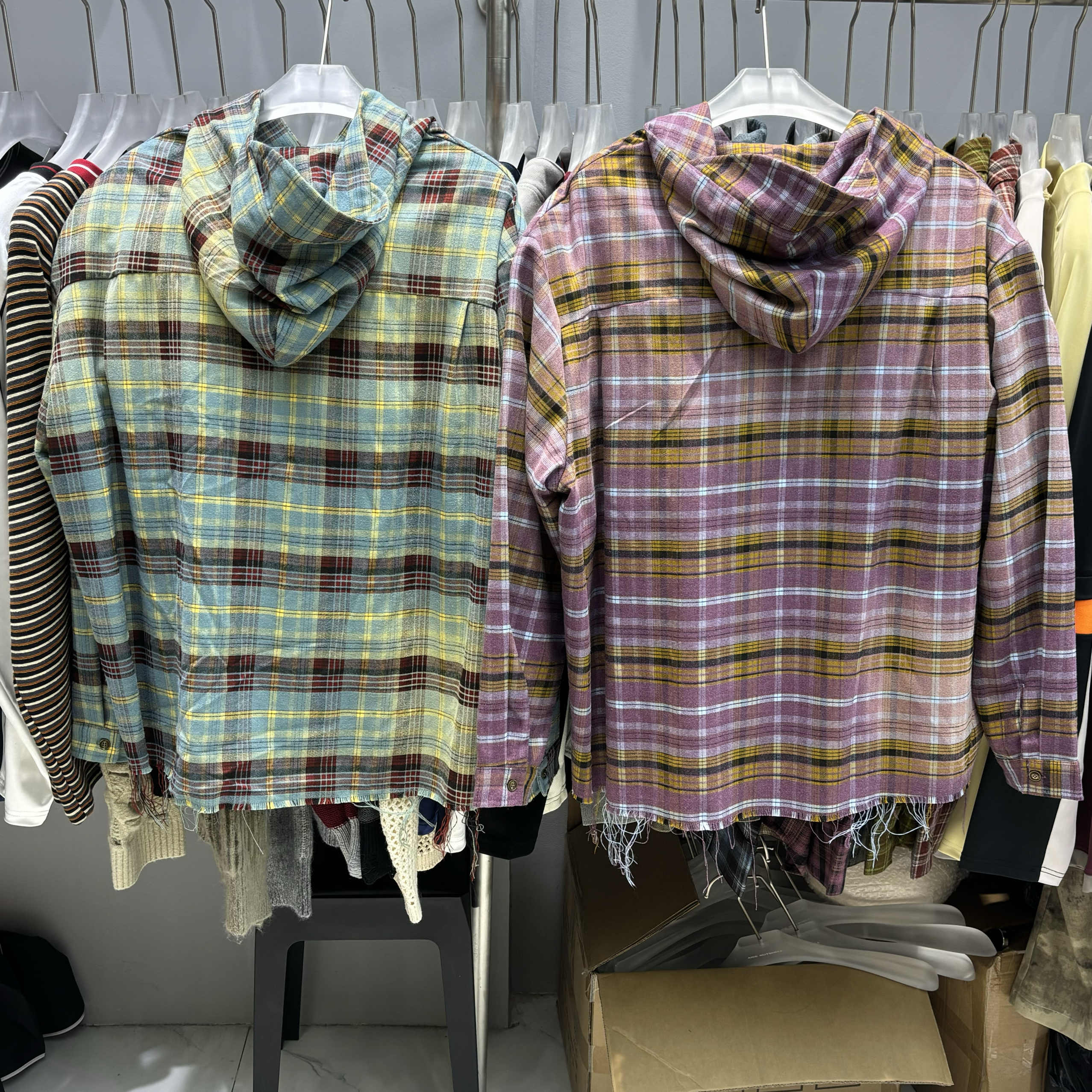 Real Photos Men's Hooded Jackets Plaid Long Sleeved Shirt Pocket Workwear Jacket