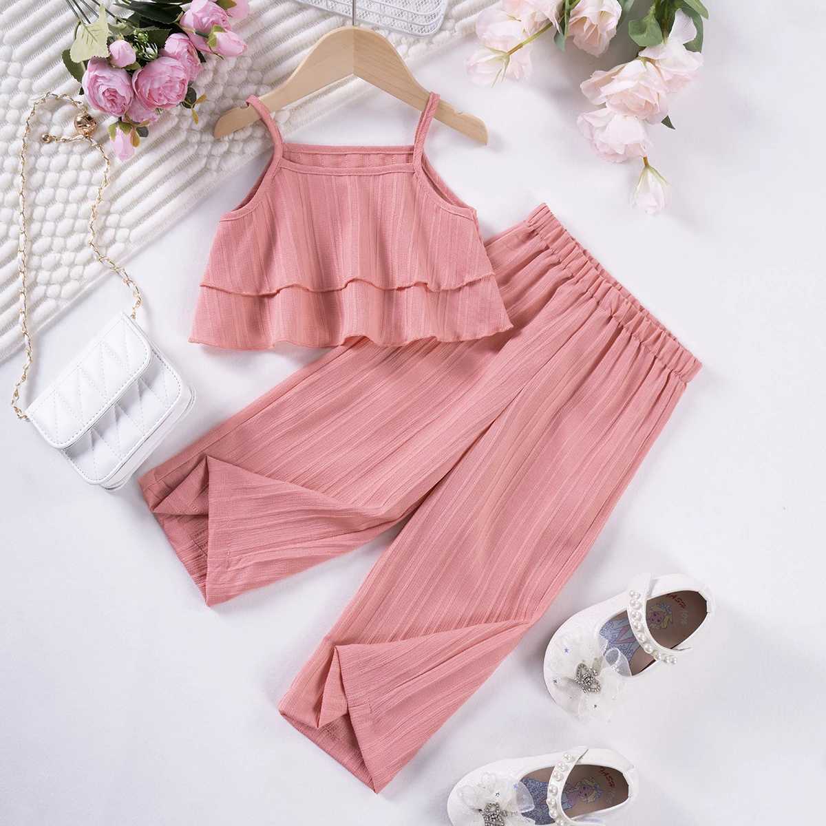 Girls Solid Color Suspenders Summer Suspenders Ruffles + Wide Leg Pants 2 Pieces Dress Set White Cute Elegant Baby Clothes W250218