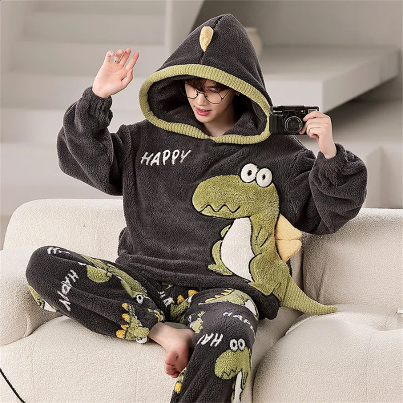 Mens Pajama Set Winter Cartoon Hooded Coral Velvet Pajama Thick Warm Home Set 5XL Large Comfortable Casual Clothing 240830 - view 3