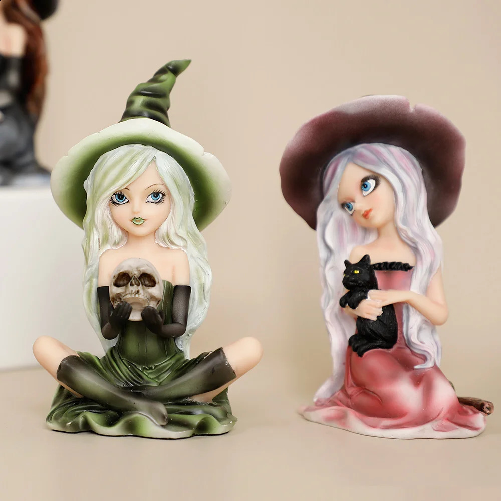 Witch Figurine with owl Halloween Decor Cat Witch Statue Black Cat Statue Witch home Decoration Sculpture Fairy Figure Gift 240830
