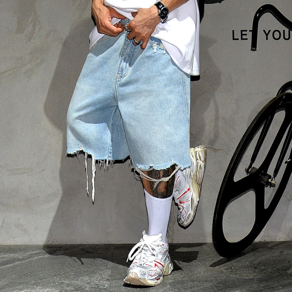 Rough American streetwear Selvedge ripped Jorts Korean hiphop blue denim shorts trend mens summer skateboarding jeans 240830