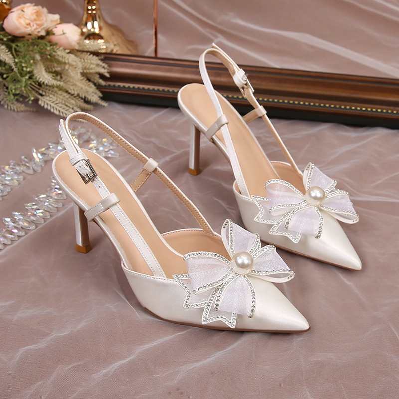 White 2024 New Butterfly-knot Wedding Satin High Heels Women New Bridal Shoes Fairy Wind 9cc2