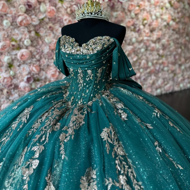 Emerald Green Mexican Quinceanera Dressess Off The Shoulder Applique Beads Tull vestido 15 quinceaneras Corset Lace Up Sweet