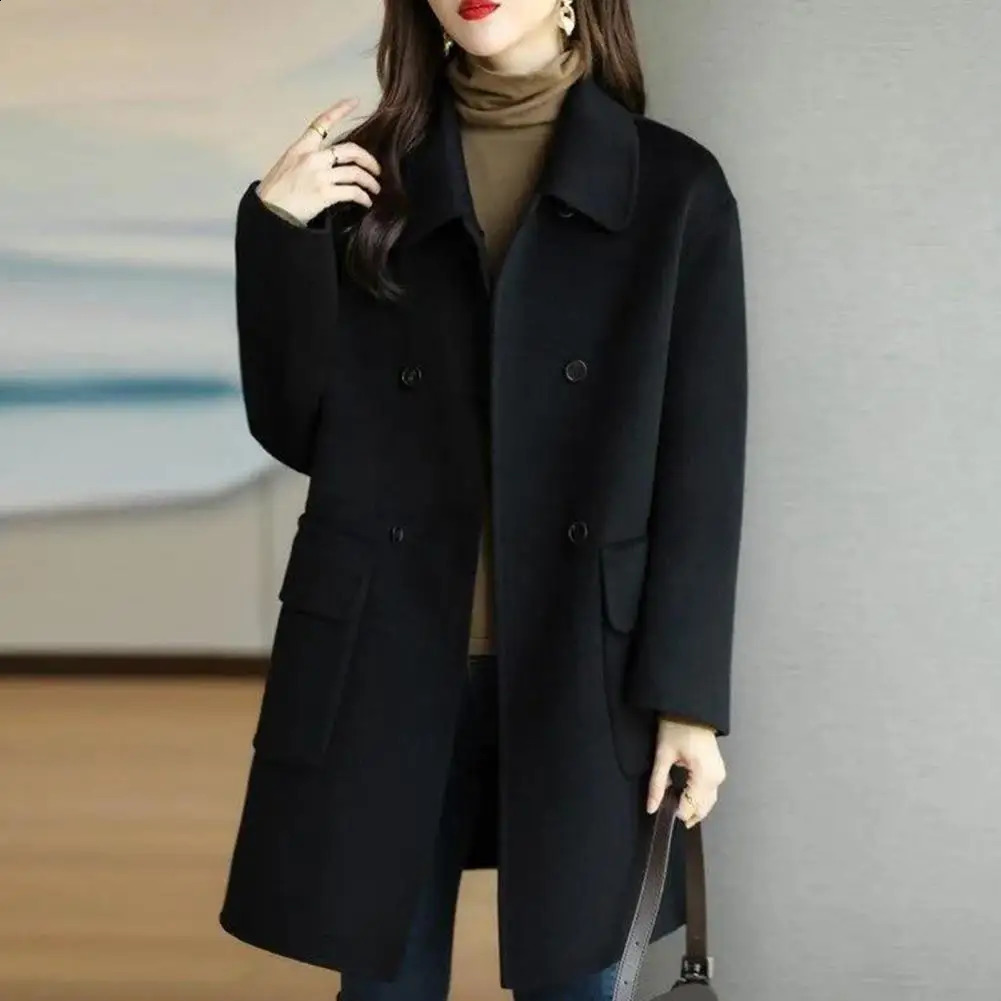 Trendy Pocket Solid Color Non-Fading Fashionable Women Mid-Long Winter Woolen Coat Women Winter Coat Decorative 240830
