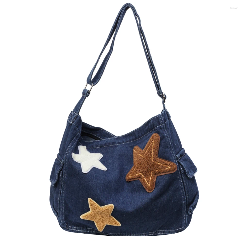 Shoulder Bags Star Denim Bag Large Capacity Trendy Crossbody With Zipper Adjustable Strap Everyday Purse Multi Pocket For Women