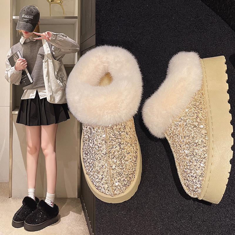 Free shipping 2024 new autumn winter soled plush snow boots with thick sequins suitable for women in pink black sier and gold sizes 36-43