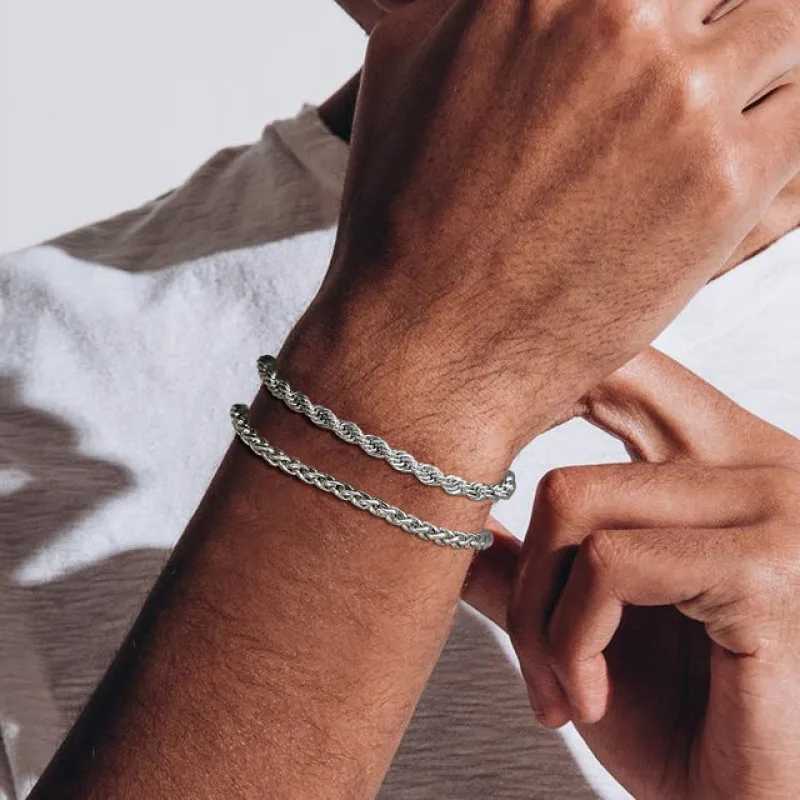 HONGTONG Basic Mens Cuban Twisted Rope Bracelet 2-piece Set Gold Stainless Steel Figaro Wheat Chain W240830