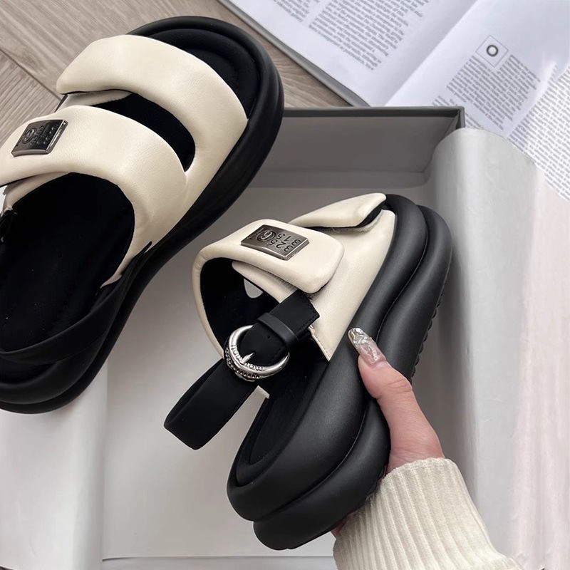Summer Woman Wedge Heel Sports Sandals 2024 Metal Buckle Sandles Women Platform Non Slip Beach Sandalias Black White e993