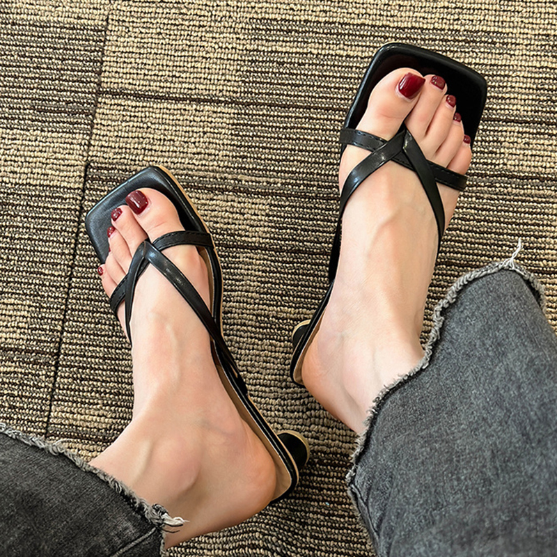 2025 new Sier Gold Clip Middle Heels Women Fashion Pu Leather Square Toe Slides Woman Summer 2023 Thick Heel Sandals Female 04f9