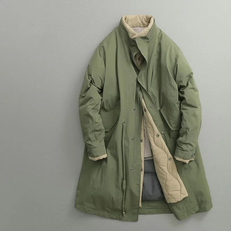 Winter Japanese retro twopiece inner pot Parkas unisex stand up collar long padded jacket Cityboy simple thick 240830 - view 4