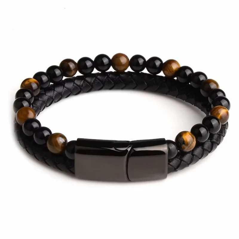 Bilayer Charm Natural Tiger Eye Stone 8mm Bead Bracelet Womens Leather Rope 21cm 23cm Mens DIY Fashion Jewelry Bracelet W240830