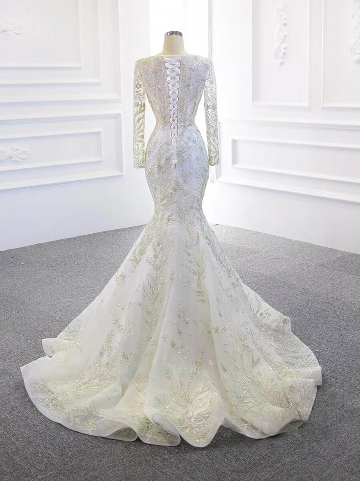 Mermaid Wedding Elegant Dresses Appliques Beads V Neck Long Sleeves Detachable Train Tulle Lace Up Bridal Gown Custom Made Plus Size Vestidos De Novia