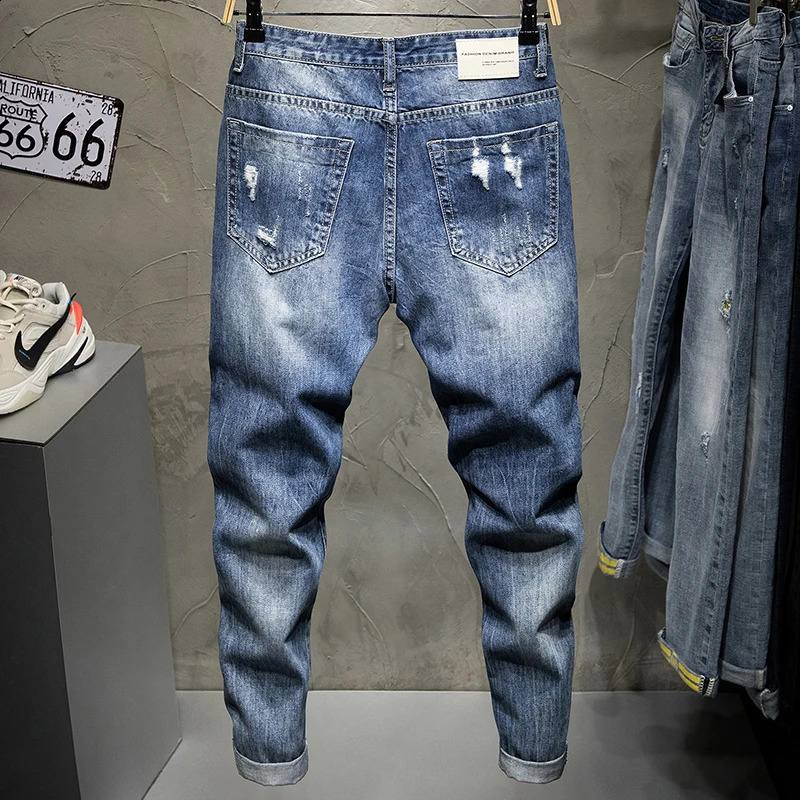 Hip Hop Jeans Men Ripped Denim Gray Hollow Out Ankle Length Pants Streetwear Distressed Frayed Holes Desinger 2024 Summer 240826Z