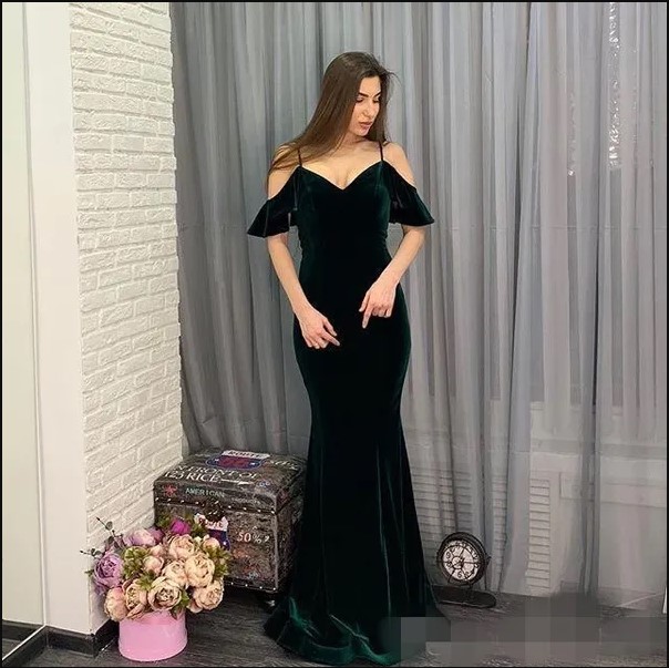 Dark Mermaid Green Prom Dresses Veet Off The Shoulder Spaghetti Straps Or Length Simple Evening Party Gown Formal Ocn Wear