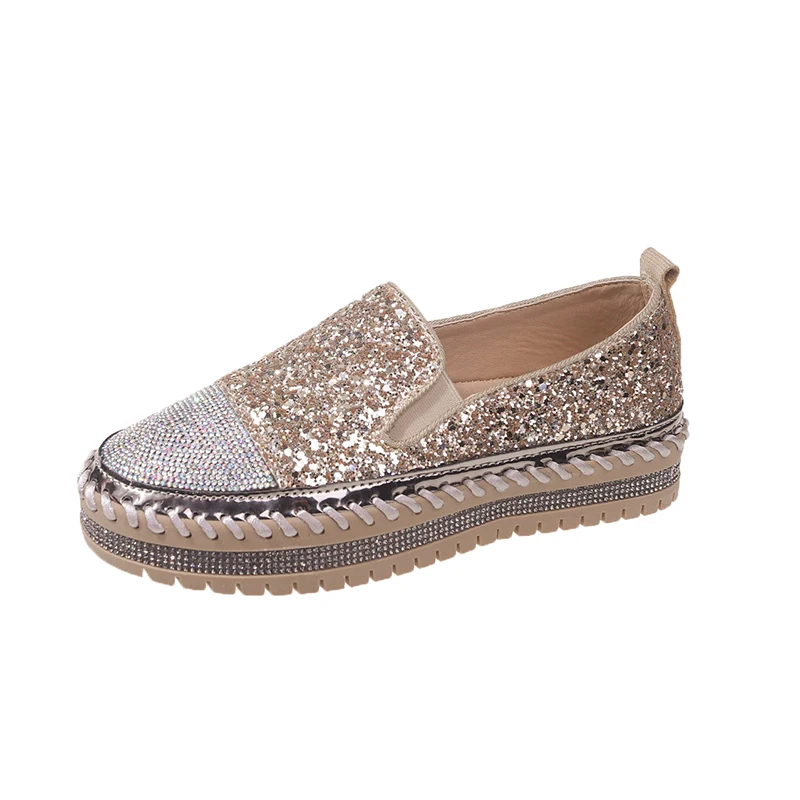 Luxury Women Flats Rhinestone Bling Sewing Platform Loafers Slip on Sewing Shallow Fashion Casual Shoes Ladies Footwear