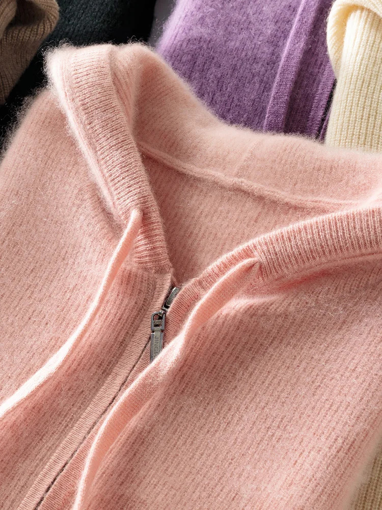 Autumn Winter Knitwear 100% Merino Wool Women Sweater Hooded Solid Color Cashmere Cardigan Long Sleeve Casual Clothing Tops 240830