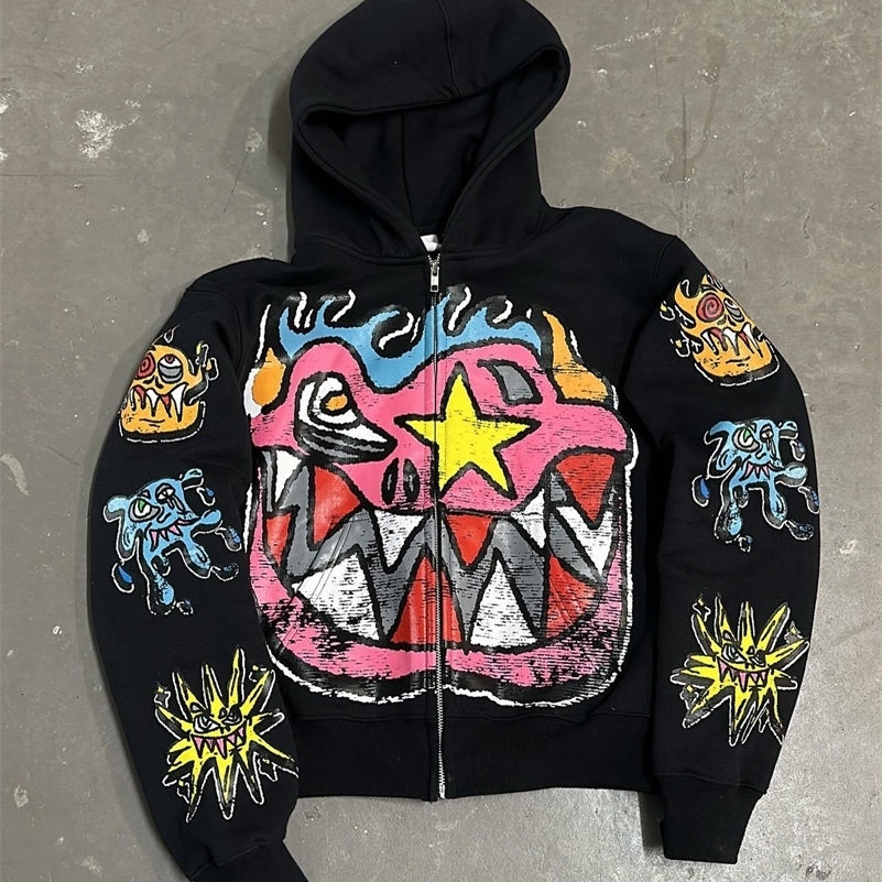 American Retro Street Hip Hop Pattern Print Men Hoodie Y2k Gothic Punk Oversized Women Streetwear Pullover Harajuku Sweatshirt 240830