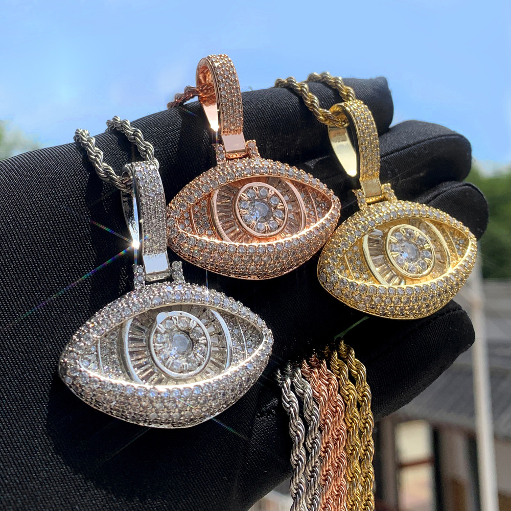 Hip Hop Big Eye Pendant Necklace 5A Zircon 18k Real Gold Plated Boy Mens Jewelry