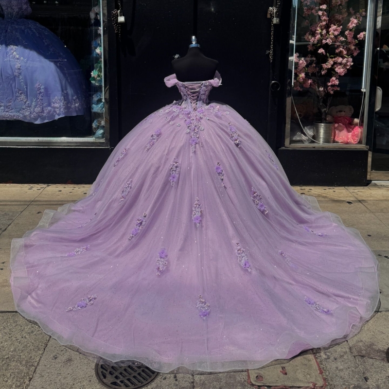 Lilac Mexican Quinceanera Dressess Off The Shoulder Applique Beads Tull vestido 15 De Corset Lace Up Sweet 16 Dress